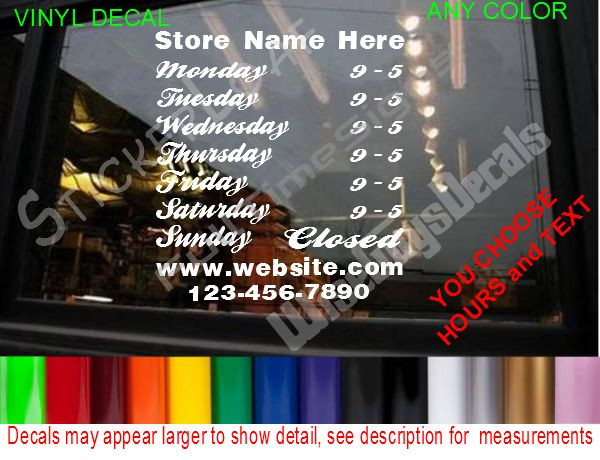 CUSTOM Storefront Door DECAL Hours Store Sign salon bar grill diner cafe office