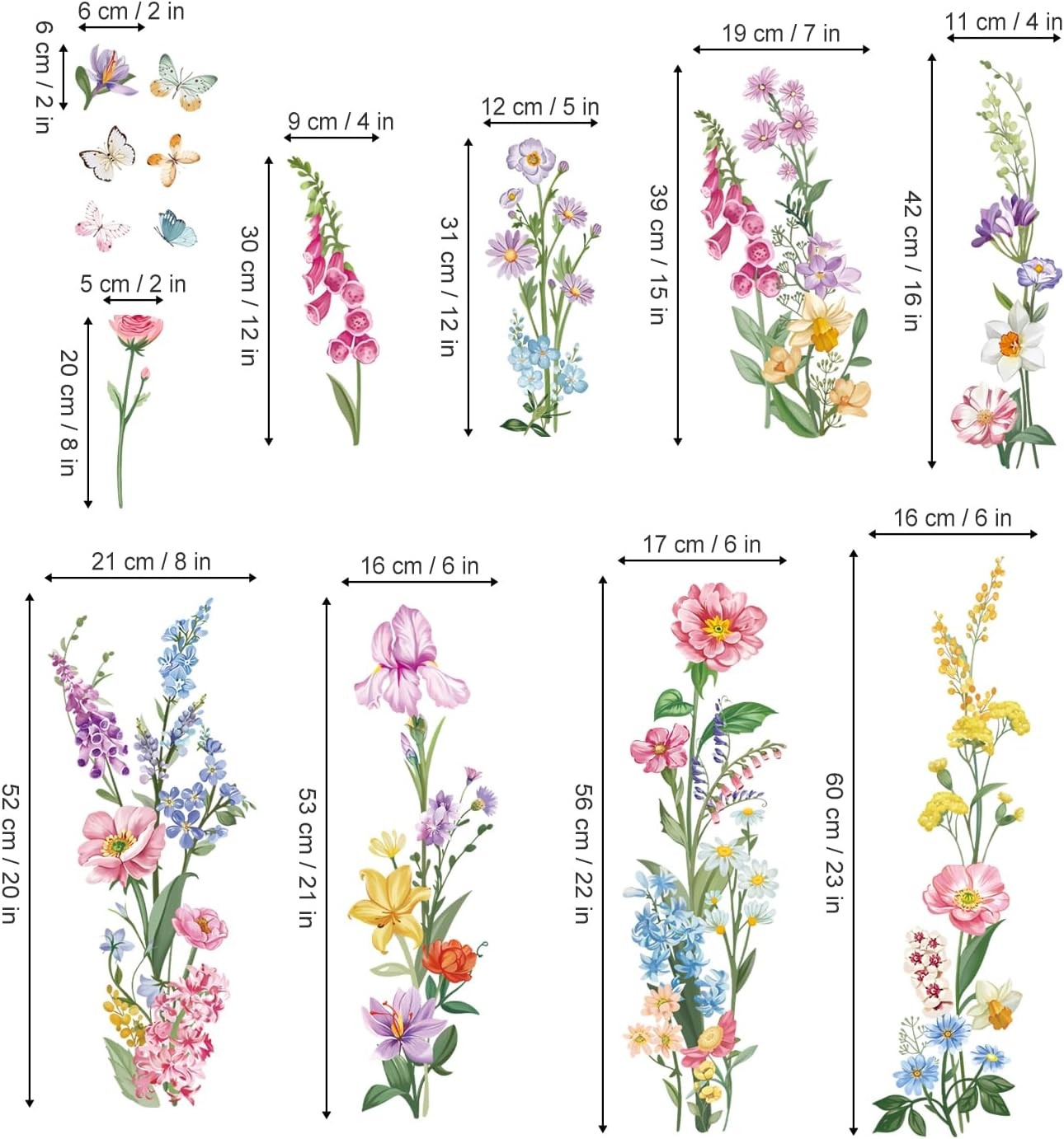 wondever Garden Flower Wall Stickers Wildflower Iris Daisy Floral Butterflies…