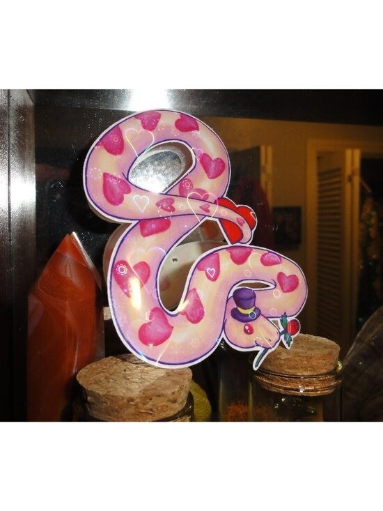 Pink Ball Python Snake w/ Hearts Sparkle Sticker top hat rose decal
