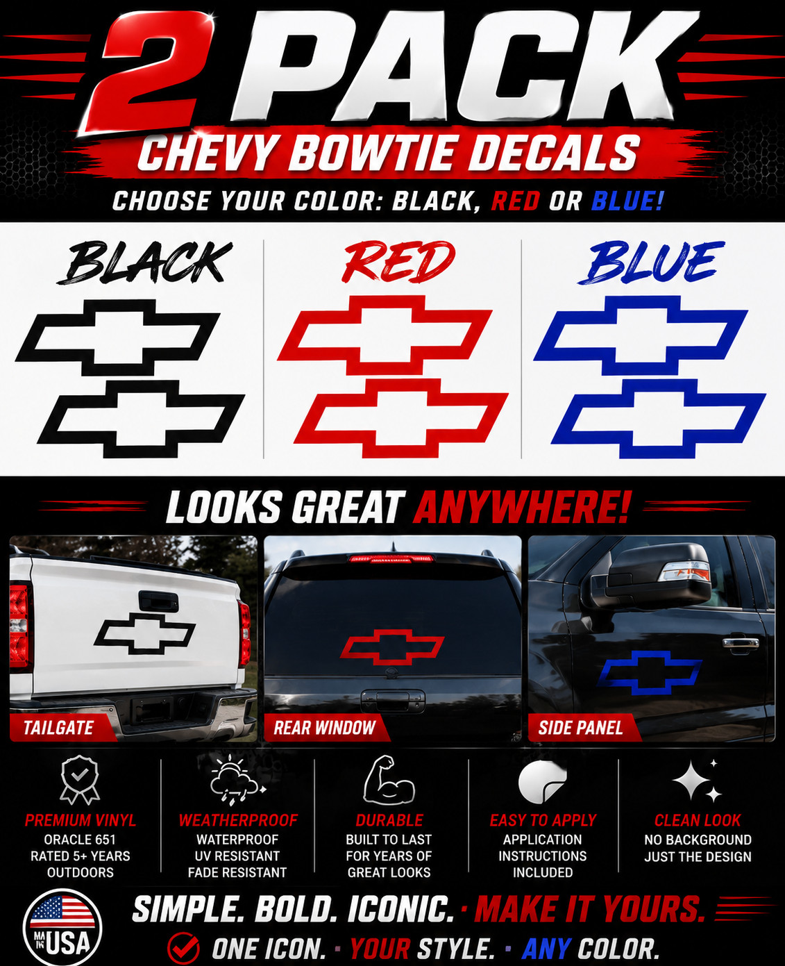 2 PACK Chevy Bowtie Decal Die Cut Chevrolet Bow Tie Sticker 1", 2", 3", 4", 5"+