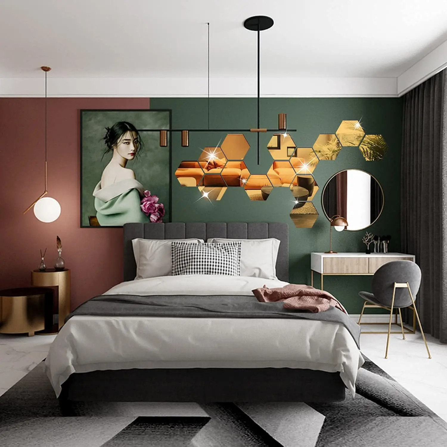 6/12pcs 3D Hexagon Mirror Wall Sticker Rose Gold DIY TV Background Living