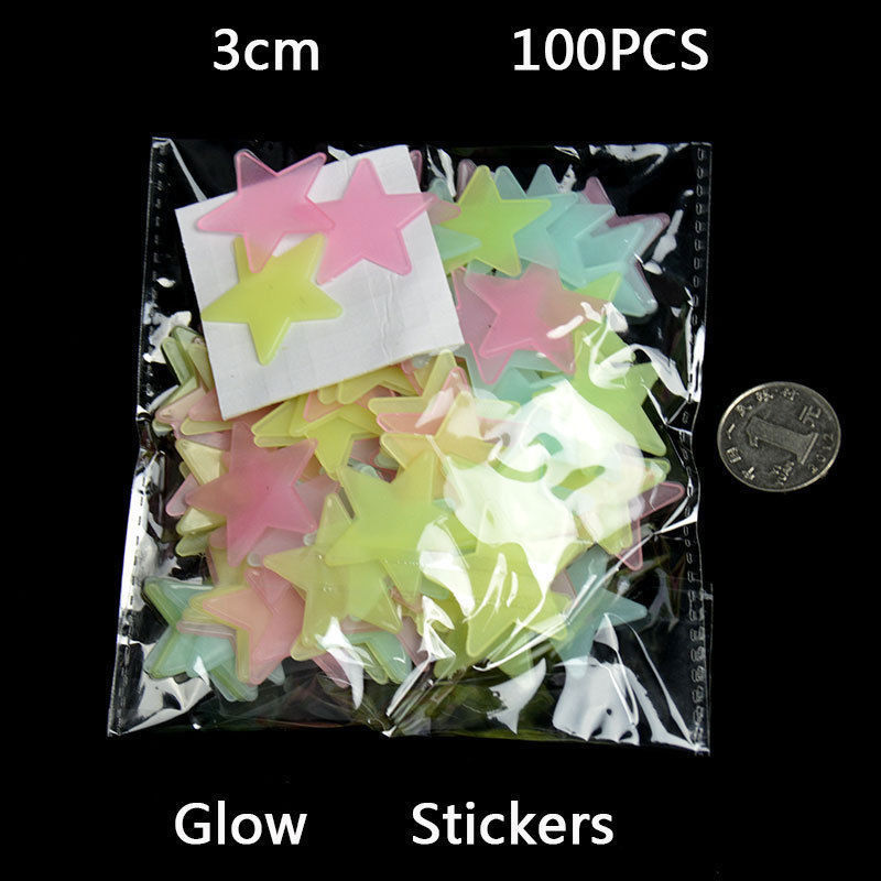 100 pcs Pack Glow In The Dark 3D Stars Moon Stickers Bedroom Wall Room Decor DIY