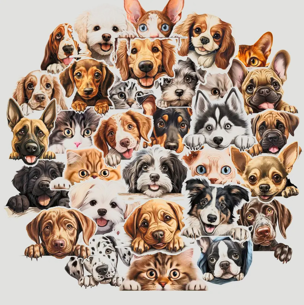50pcs/pack Peeking Cats And Dogs Stickers, Decoration For Water Bottle, Laptop