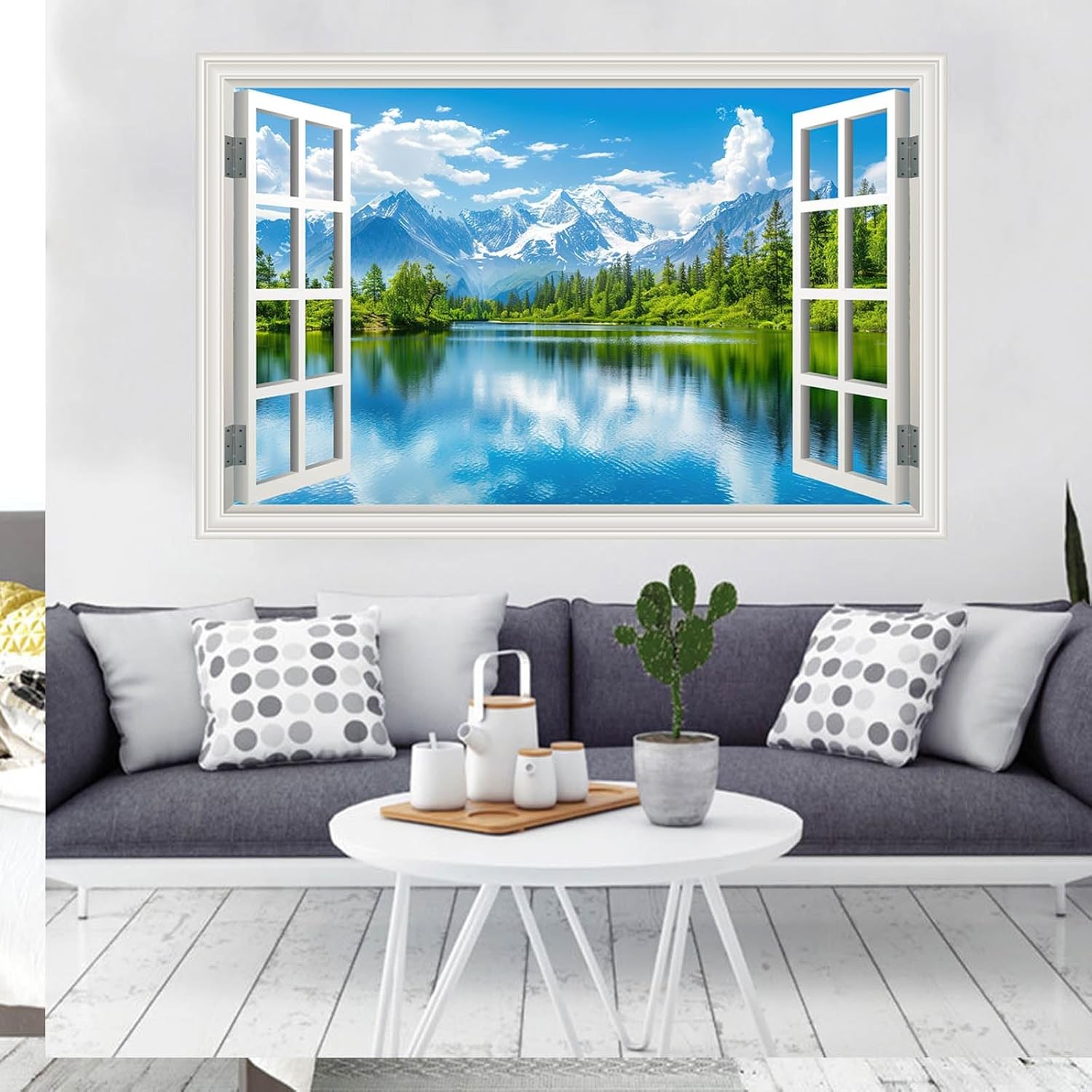 Fake Window Wall Mural Sticker Mountain Lake Forest Tree Faux Window Wall Cling