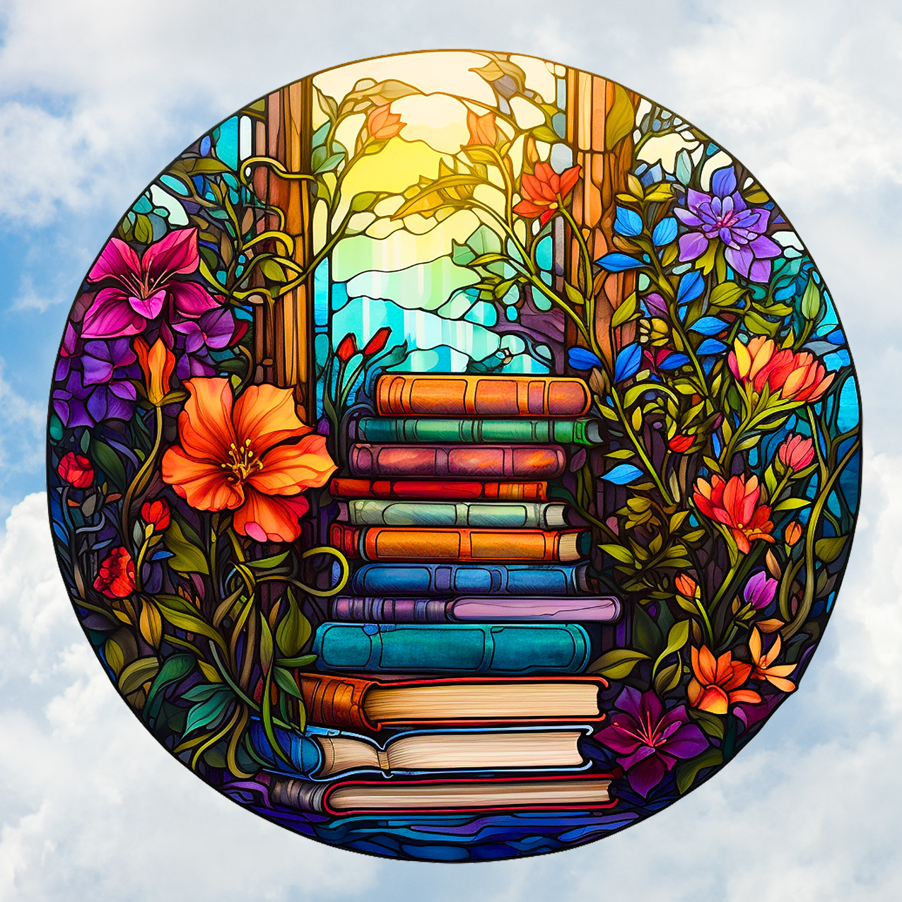Books & Flowers Faux Stained-Glass WINDOW CLING Size 8" Round Vinyl