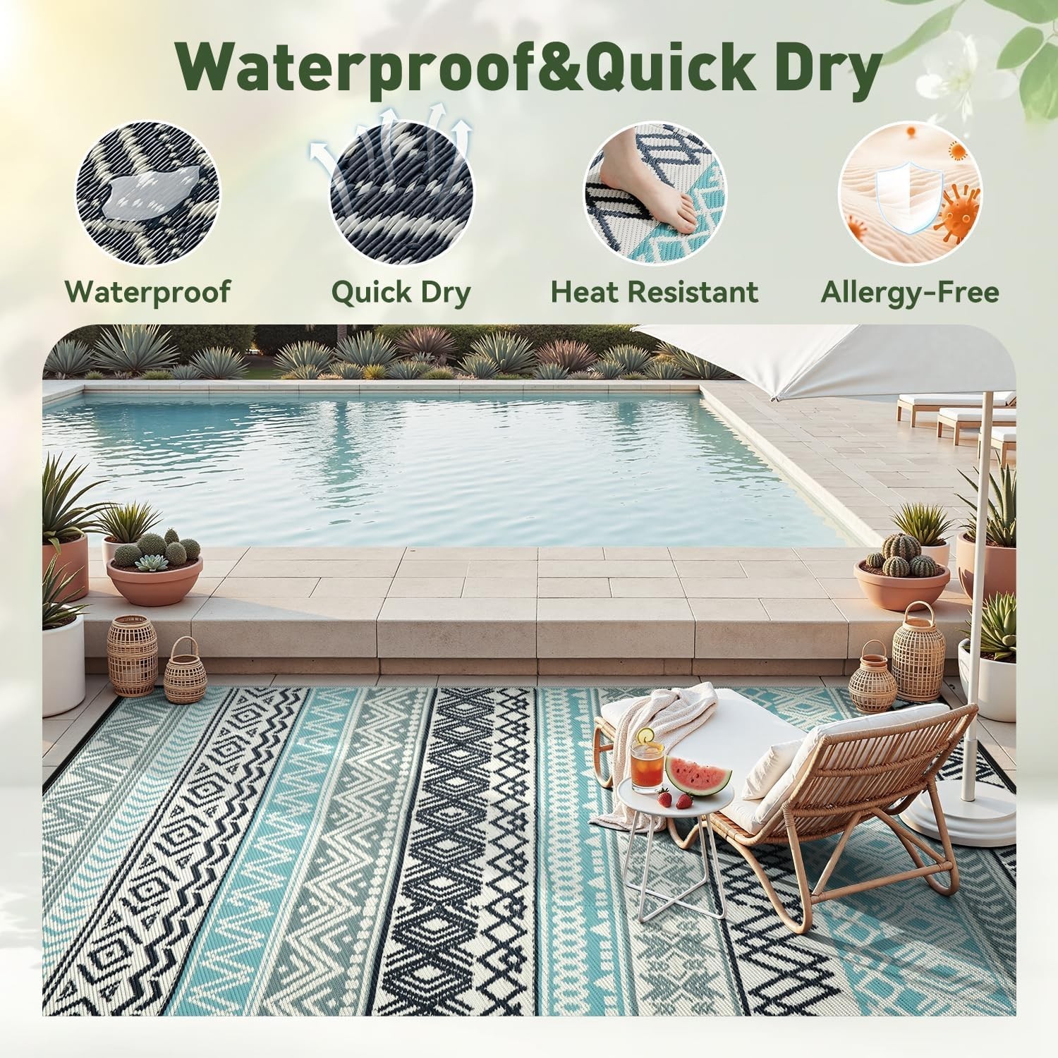Waterproof Outdoor Rug 5×8 – Reversible Camping Mat, Picnic Beach Carpet, Boho D
