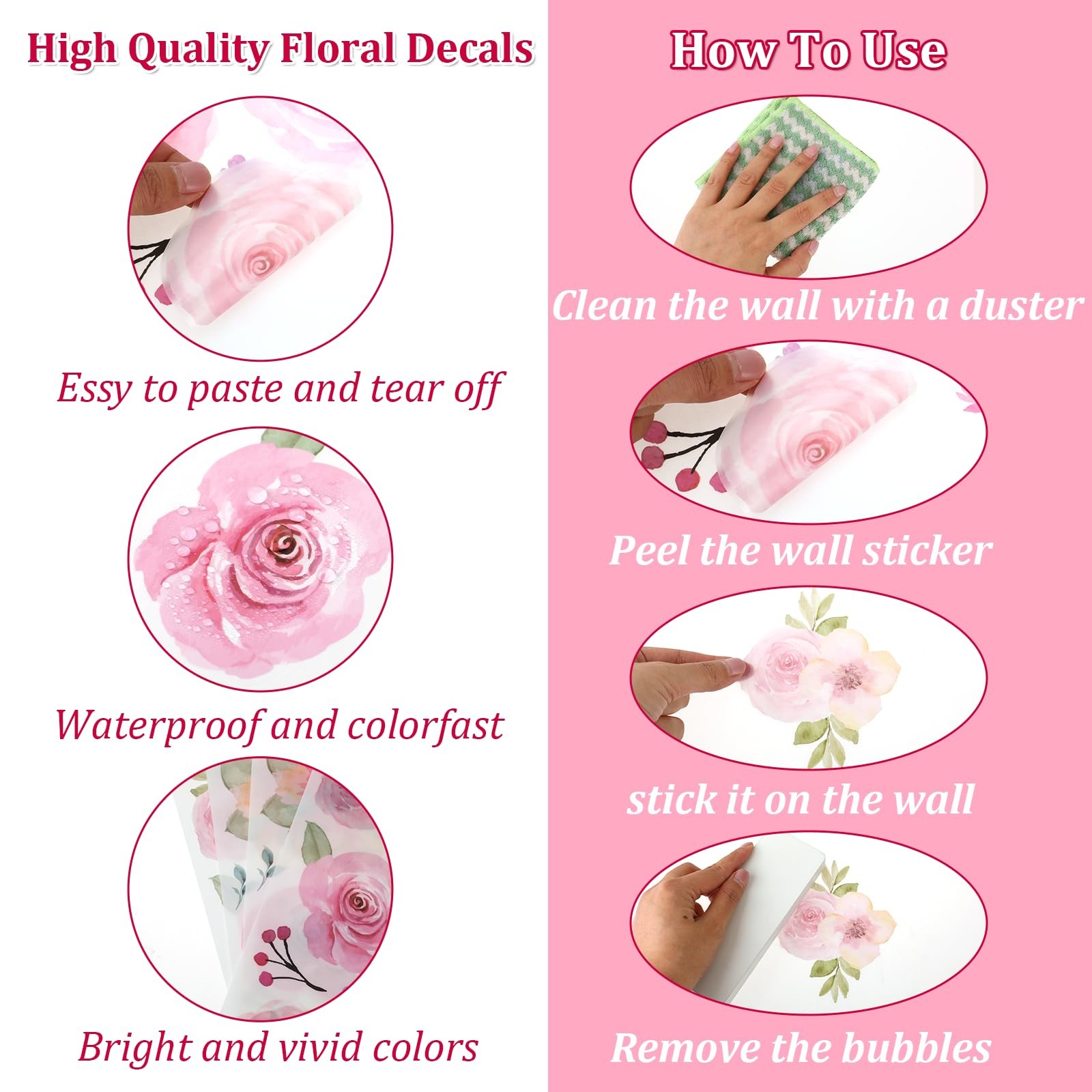 60pcs Pink Flower Wall Sticker PVC Peel and Stick Wall Decals Cute Peony Flor…