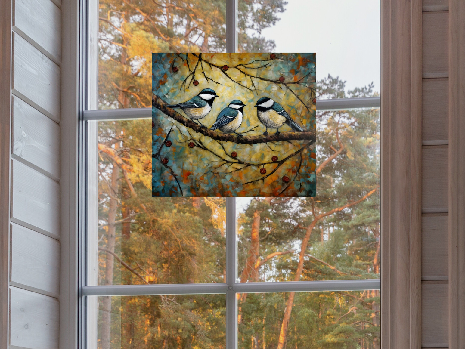 Chickadee Birds on Branch WINDOW CLING Size 9.1" Repositionable Vinyl