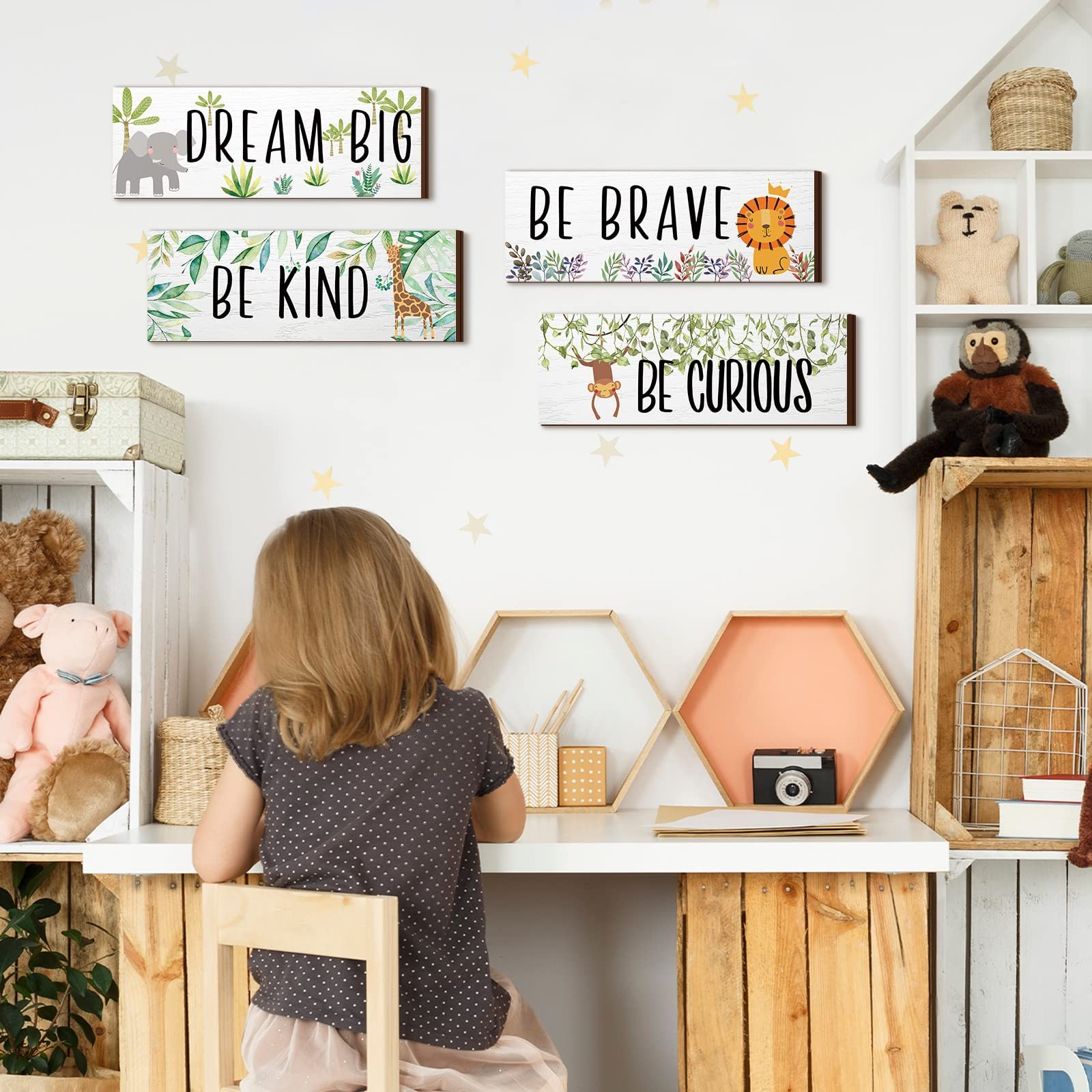 4 Pieces Woodland Nursery Decor Safari wall art Be kind brave curious Cute Ju…
