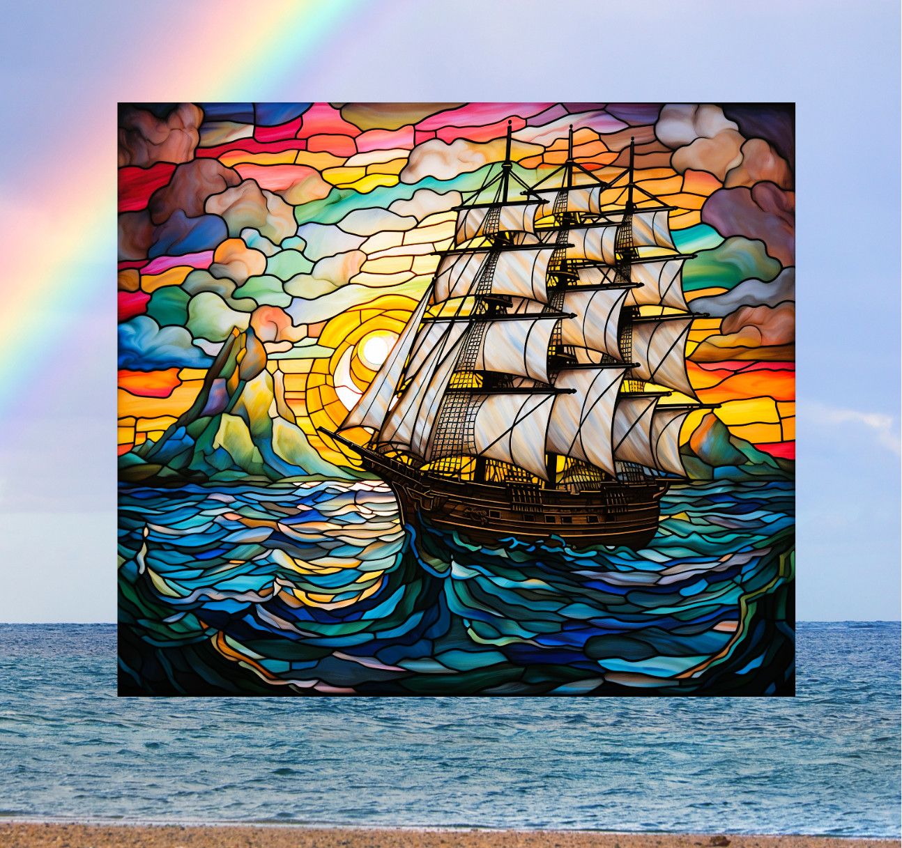 Sailing Ship at Sunset Faux Stained-Glass WINDOW CLING Size 9.1" Vinyl