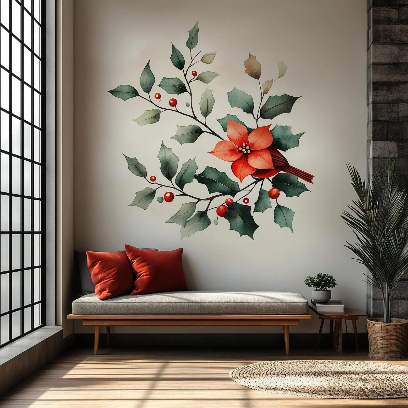 Poinsettia Holly Wall Mural | Christmas Floral Wall Art