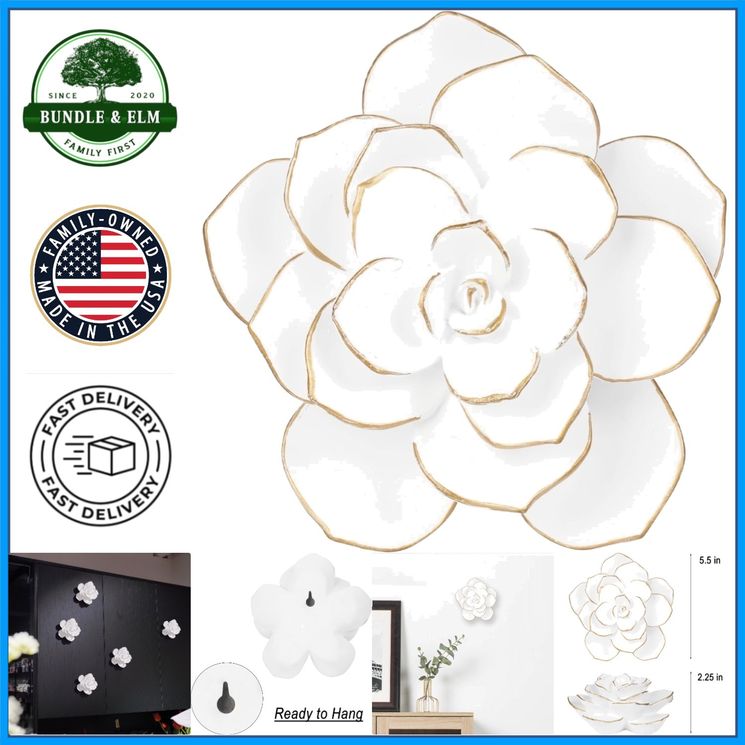 Resin Flower Wall Decor, Rustic 3D Sculpture for Bathroom, Living Room, Bedroom