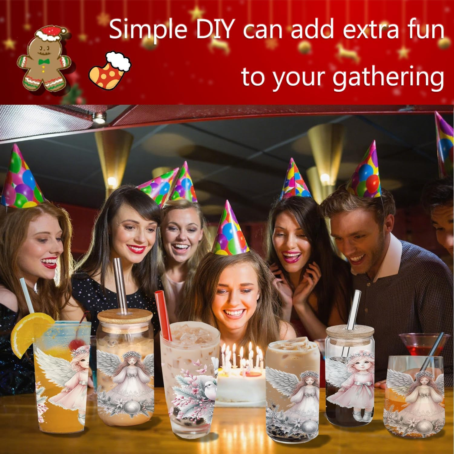 8PCS Christmas Elf Style UV DTF Stickers | 16 Oz Glass Cup Wraps, DIY Decals for