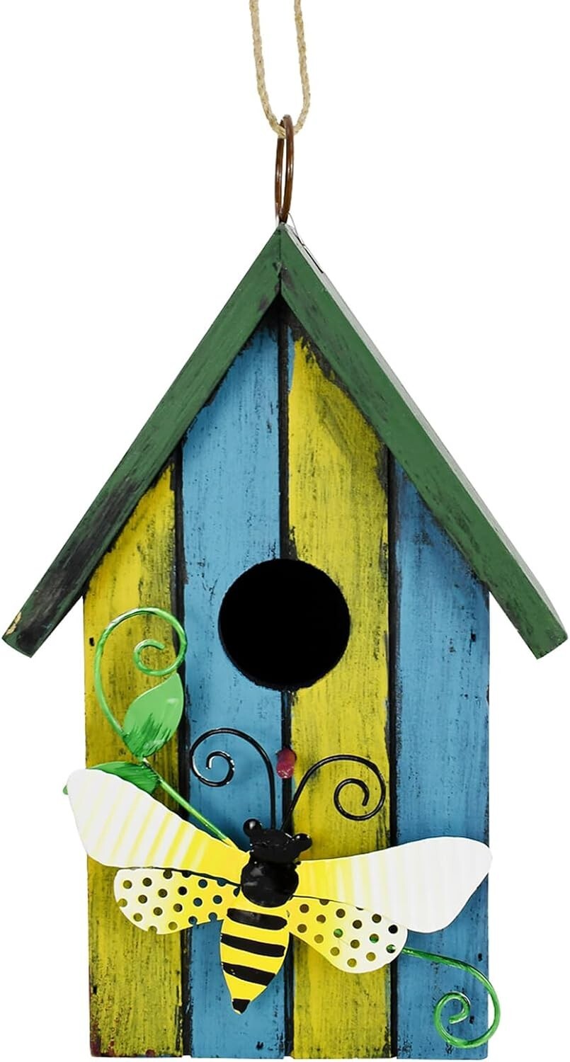 Wooden Decorative Birdhouse Hanging Bird House Hand Painted Birds Box Outdoor