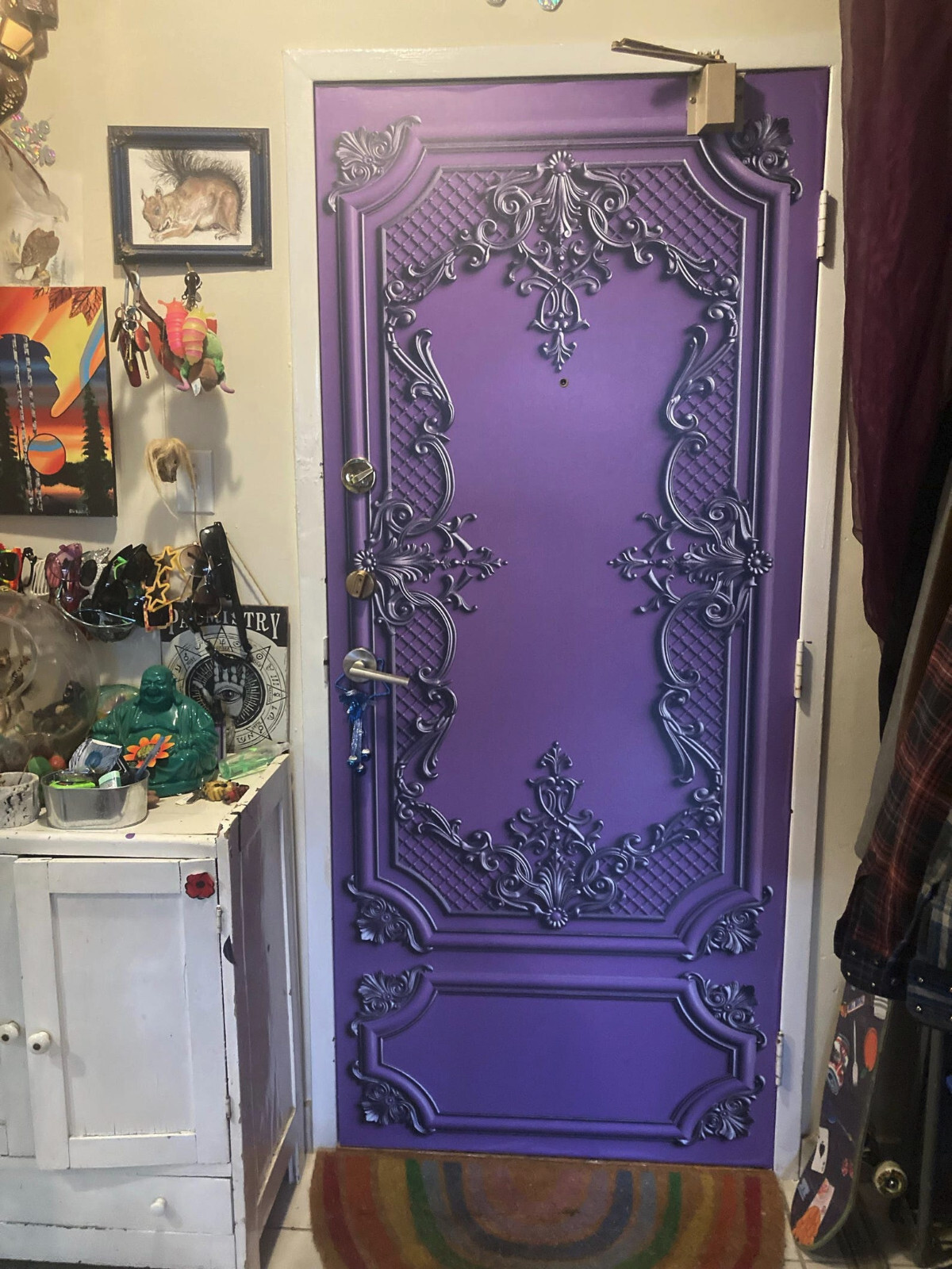 Classic Baroque Door Mural, Purple Laminated Sticker Cover, Single piece