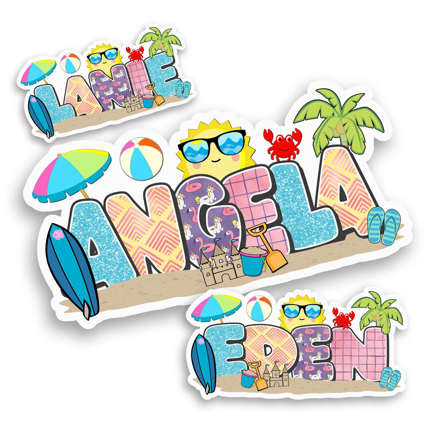 Custom Name Stickers • Waterproof Vinyl • Beach Theme • Cute Summer Party Gift