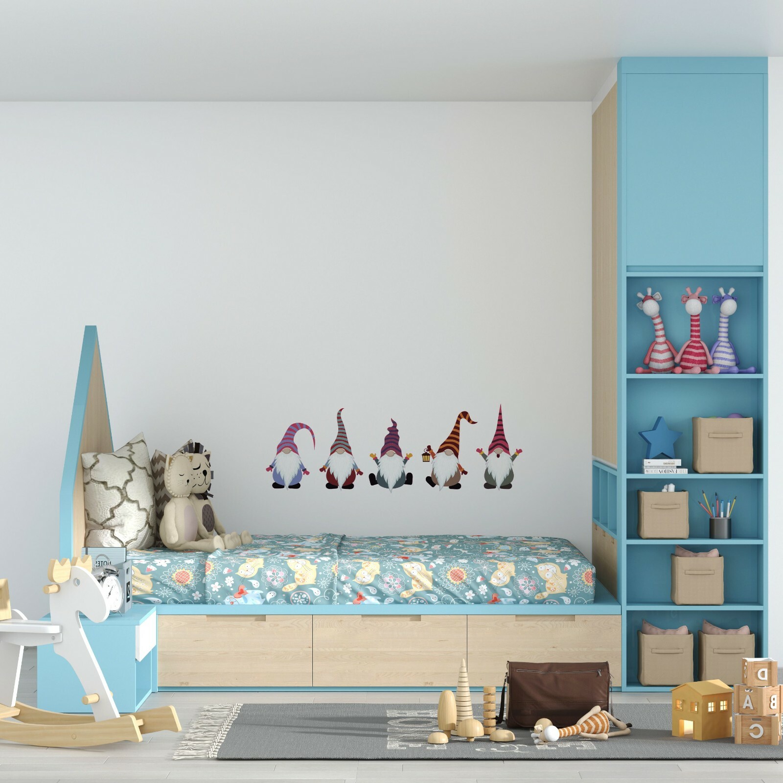 Multicolored Striped Hat Gnomes Design Vinyl Adhesive Home Art Wall Decal 7×20
