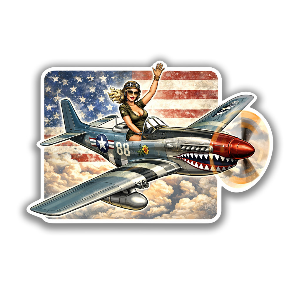 WWII Pin-Up Machine Gun Girl Vinyl Sticker 3.5 Inch Waterproof USA