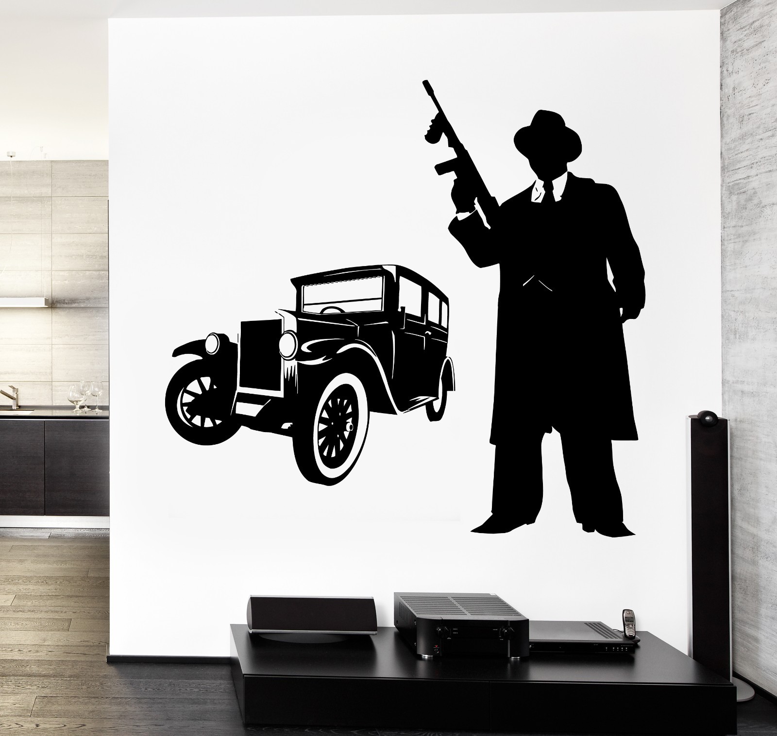 Wall Vinyl Decal Gangster Tommy Gun And Retro Car Amazing Decor z3726