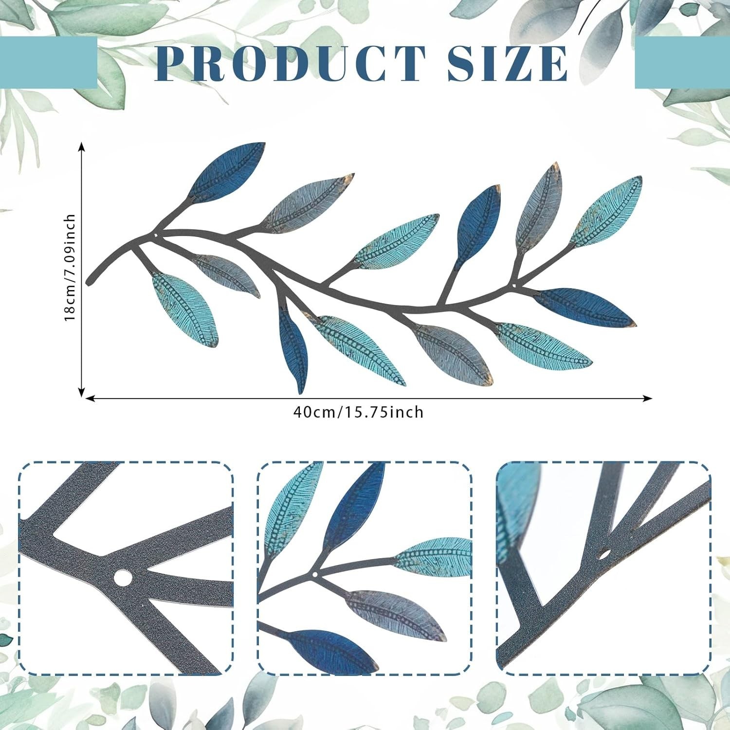 Stylish Vintage Blue Olive Branch Wall Art Set – 2 Durable Metal Pieces