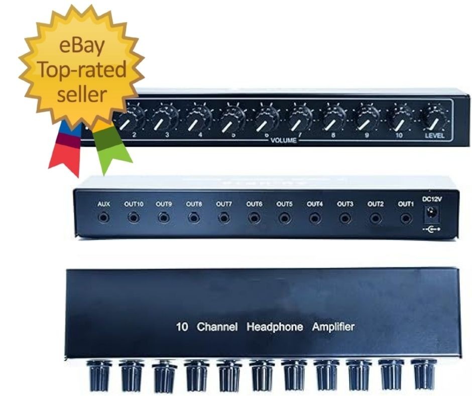 3.5mm Headphone Amplifier Splitter – 10 Channel Stereo Audio Amp with Power Adap