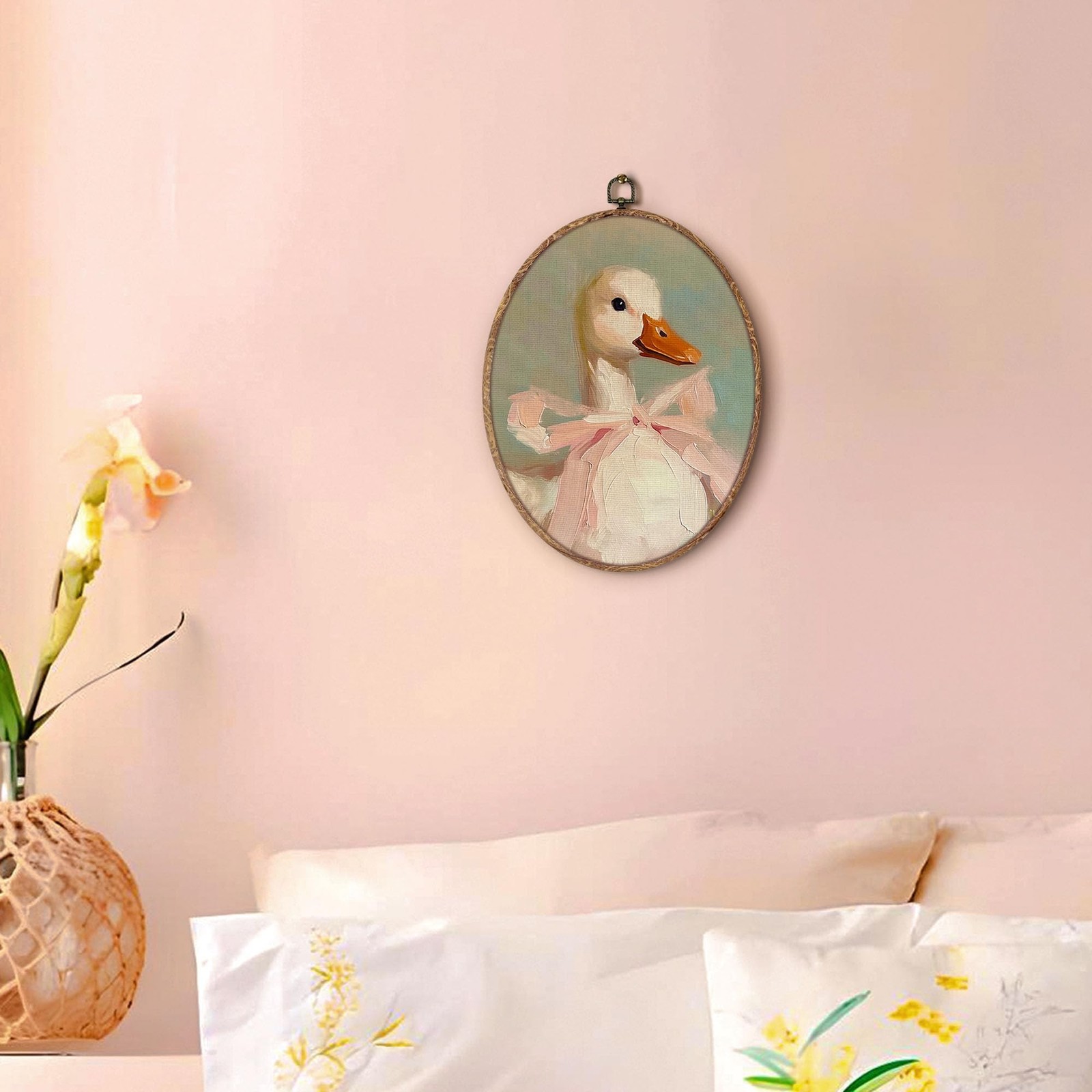 Coquette Pink Bow Duck Oval Wall Art Framed, Preppy Girly Oval Wall Decor, Vi…