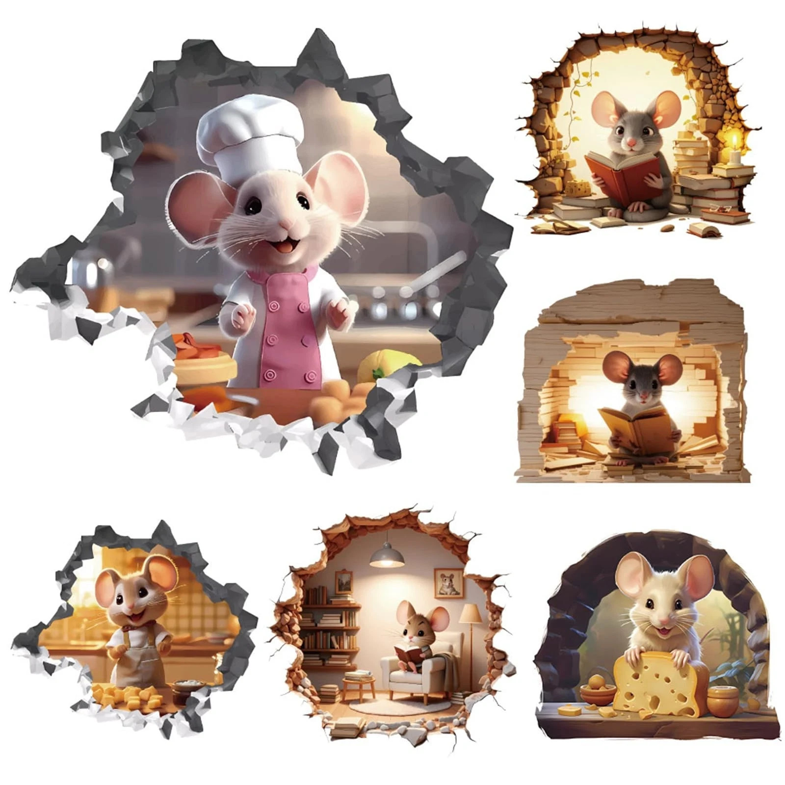 6PCS 3D Mouse Hole Wall Decals Peel and Stick,Decorative Wall Stickers, Fun A…