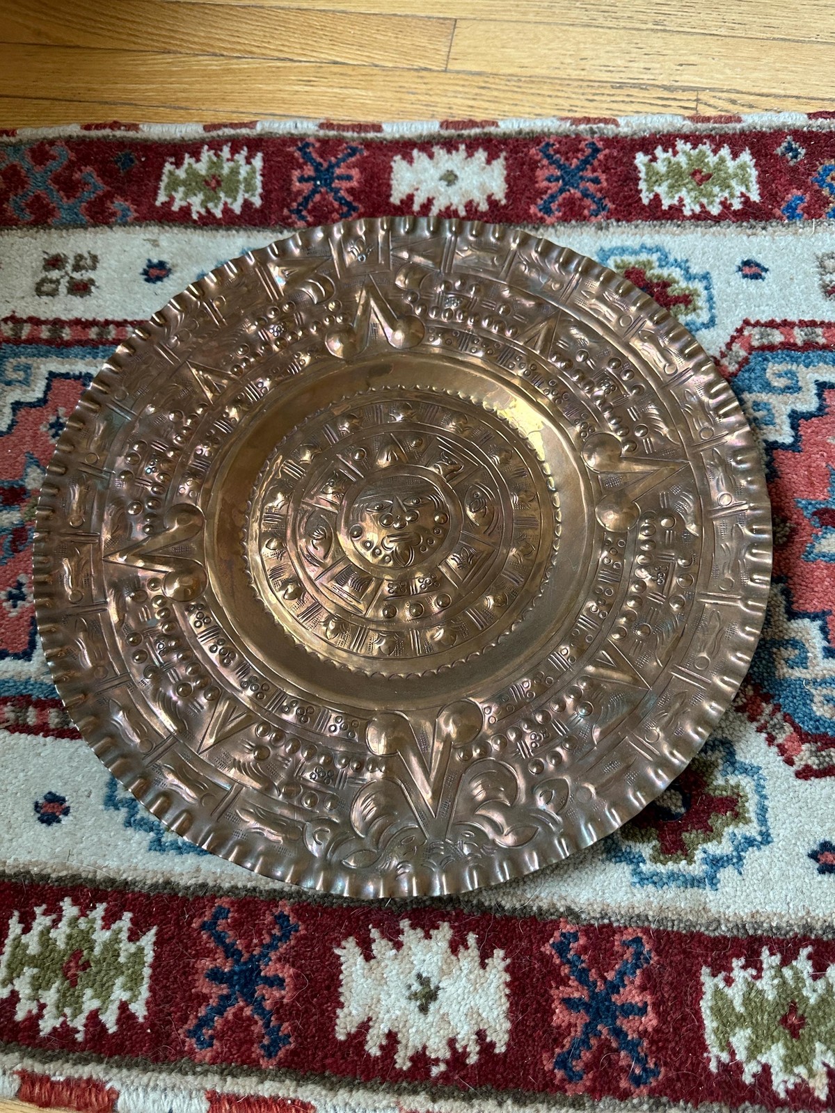 Vintage Embossed Copper Aztec Calendar Wall Plate | MCM Mexican Art