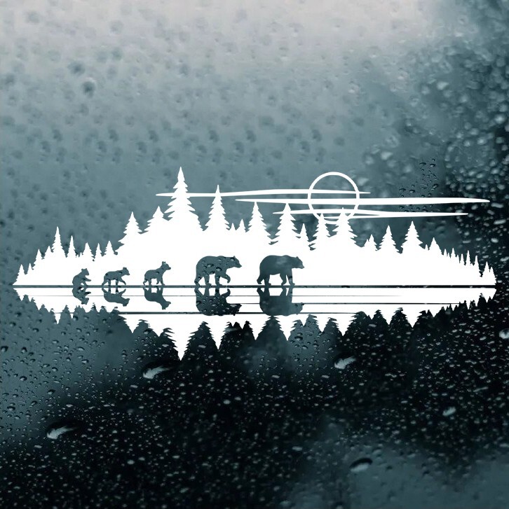 Lake Moon Bear Family of 5 in Tree Line Forest Scene Vinyl Decal V8 | RV Camping