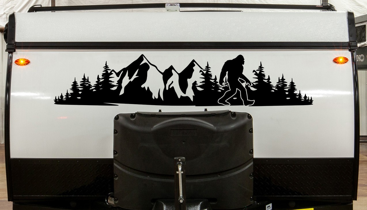 Bigfoot Mountain Scene V17 Vinyl Decal -RV Camper Truck SUV Car Window Sticker