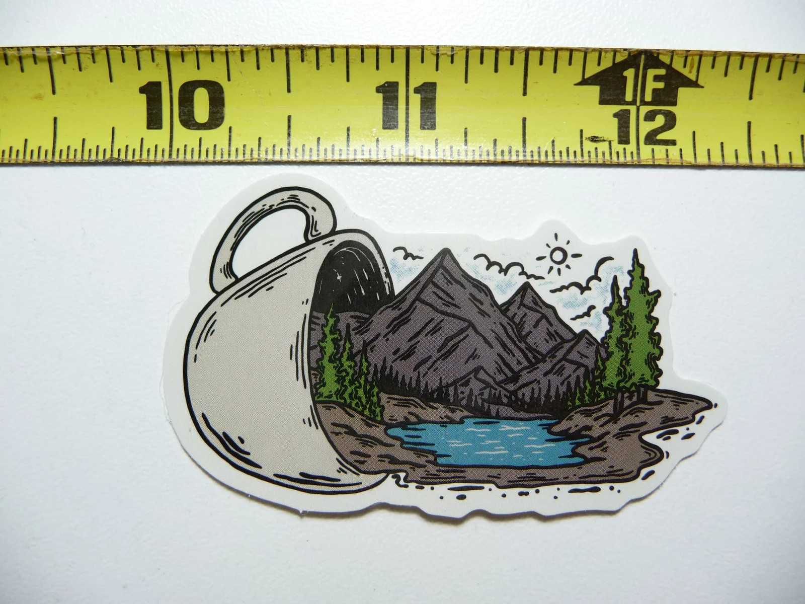 FUN COFFEE CUP NATURE SCENE SMALL STICKER DECAL HIKING CAMPING WOODS GEAR