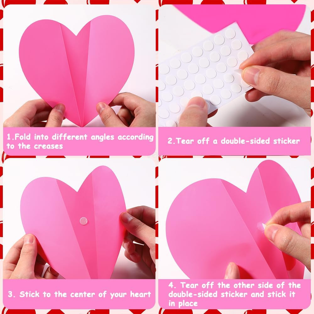 100 PCS 3D Pink Heart Valentine Day Wall Stickers,Waterproof Removable Love Hear