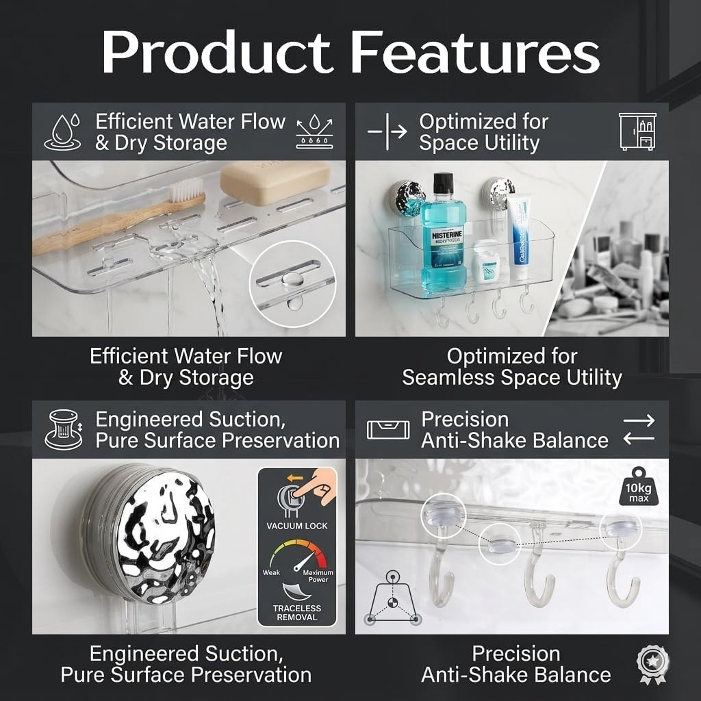 Suction Cup Shower Caddy for Bathroom & Shower, Drill-Free Toothpaste, and Razor