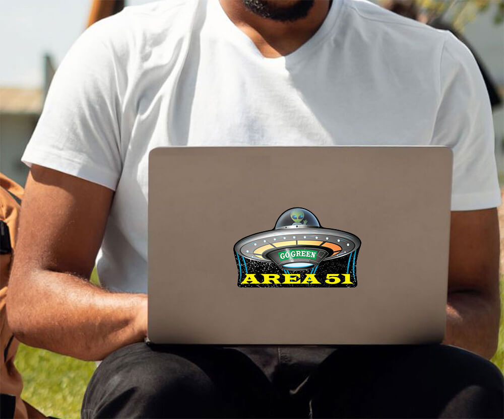 Area 51 Go Green Flying Saucer UFO – Postcard Sized Vinyl Sticker 6" x 3.75"