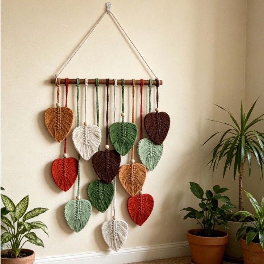 Bohemian Leaf Tapestry Woven Cotton Rustic Wall Hanging 83x45cm Natural Look