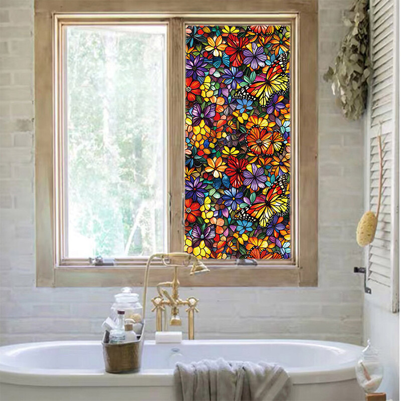 Flower Stained Glass Window Film Privacy Frosted Glass Film Static Cling Sticker