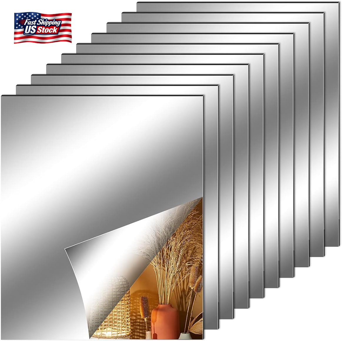 Fantasyon 10 Pieces Flexible Mirror Sheets, Self Adhesive Decorative Plastic Mir
