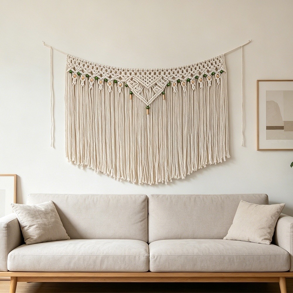 Hand Woven Boho Cotton Tapestry Wall Hanging for Living Room 100x65cm Beige