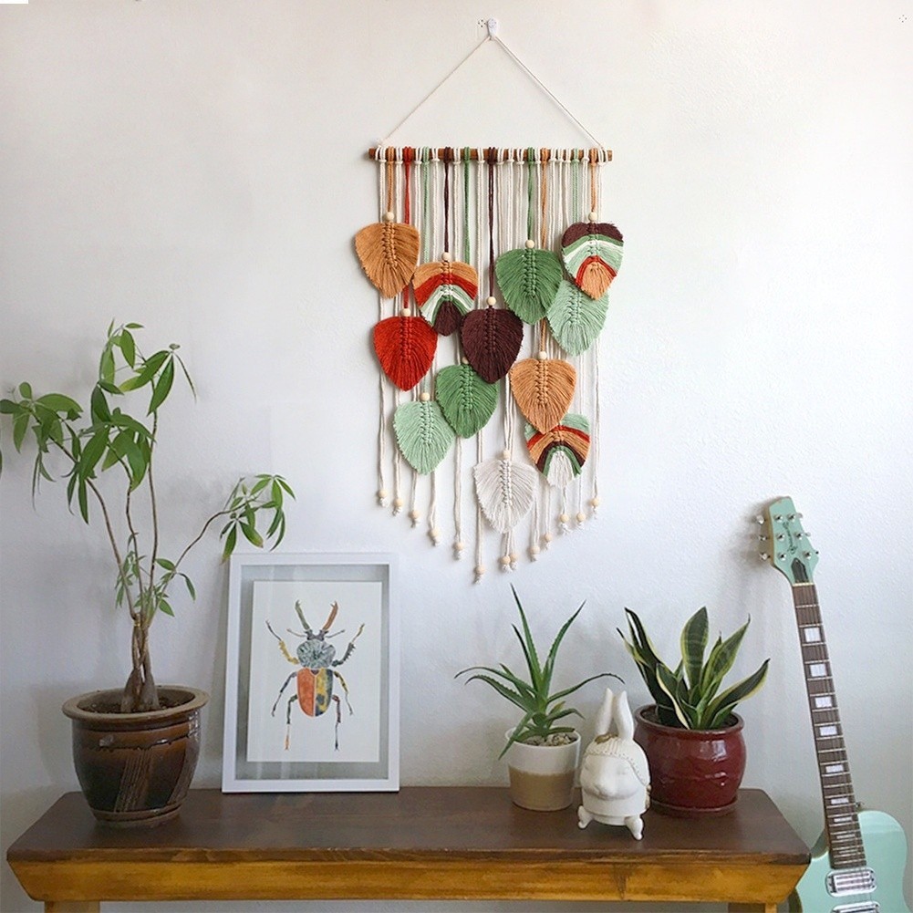 Bohemian Leaf Tapestry Woven Cotton Rustic Wall Hanging 83x45cm Natural Look