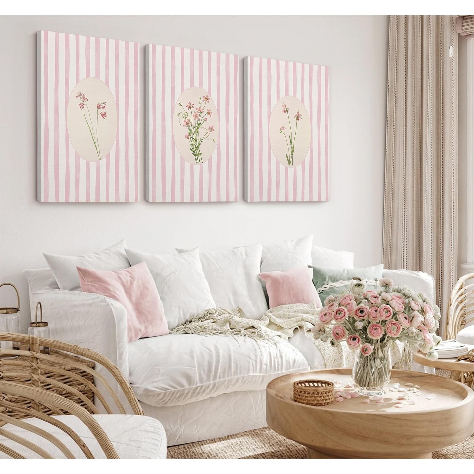 Pink Flower Wall Art Striped Floral Prints Botanical Canvas Wall Decor Aesthe…