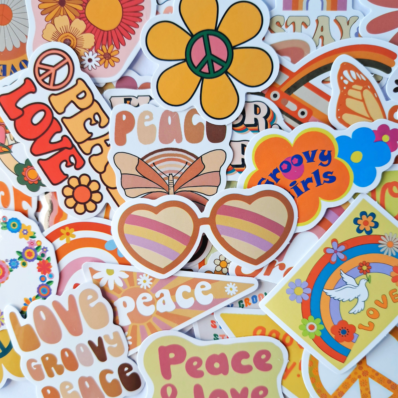 50 PCS Groovy Hippie Sticker Pack Peace Love Positive Vibes Boho Crafts Stickers
