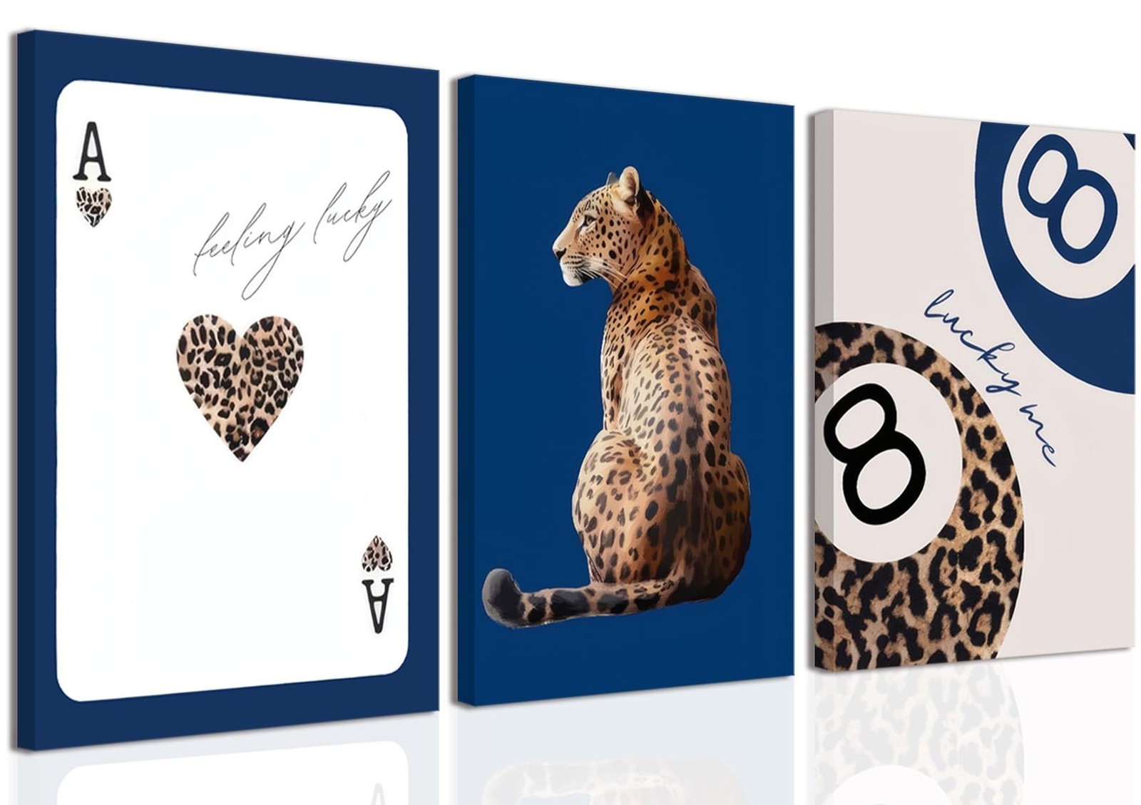 Navy Blue Leopard Canvas Wall Art Set of 3 Cheetah Animal Prints Posters Wall…