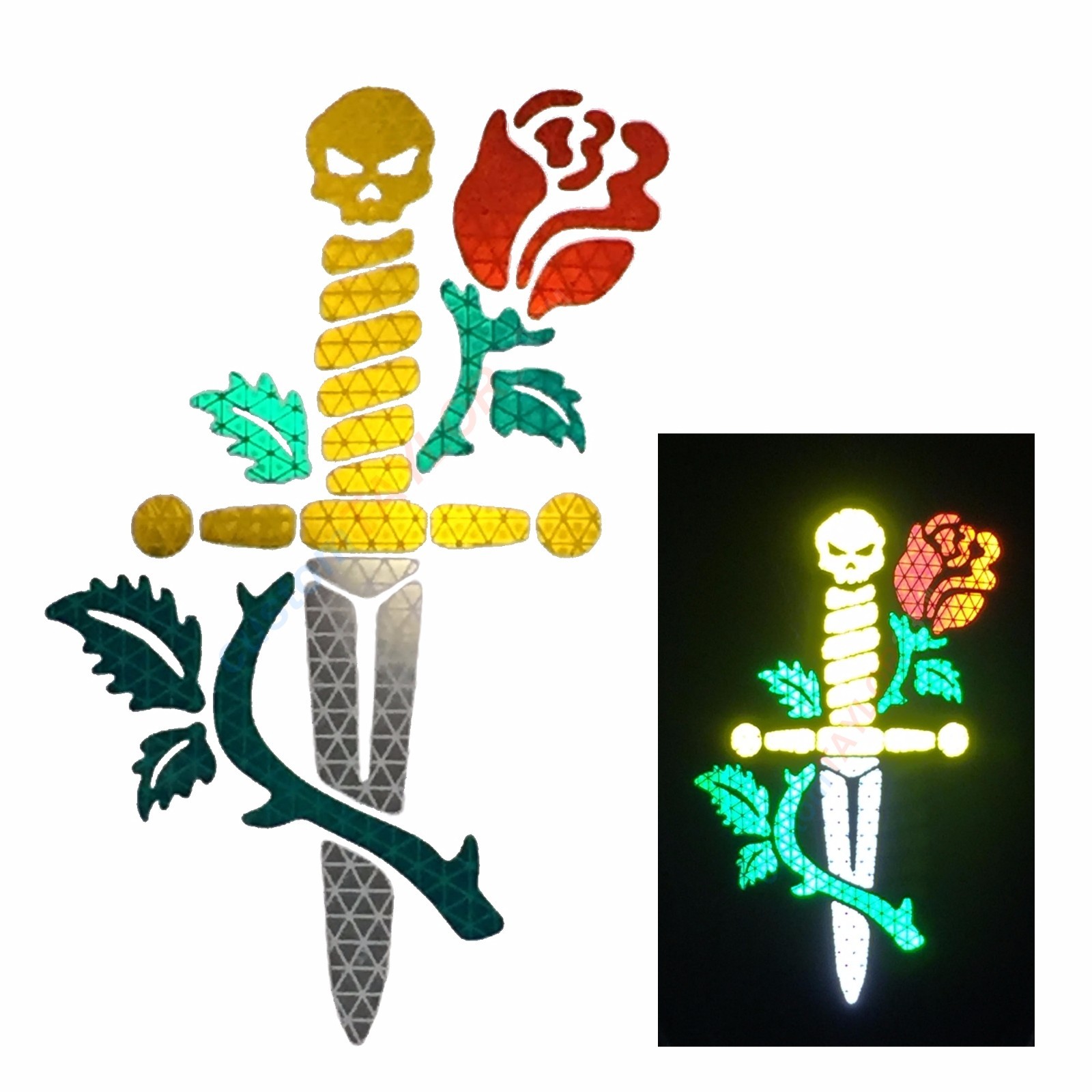 High Intensity REFLECTIVE Skull Dagger Rose Decals Stickers Window Car Moto Bike