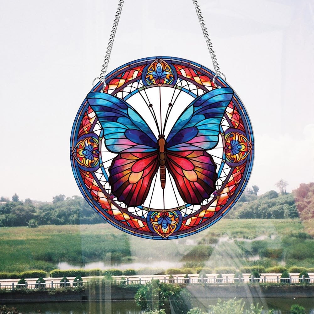 Round Butterfly Window Hanging Panel 11.8in Colorful Acrylic Suncatcher Decor