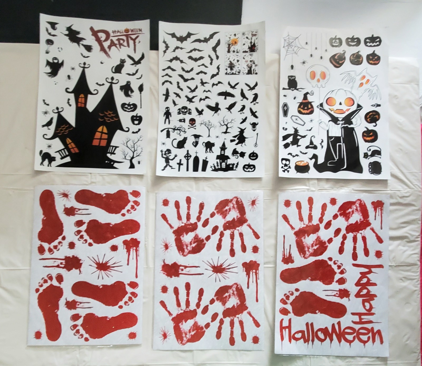 6 Sheets Halloween Decoration Stickers Handprint Footprint Cat Ghost Spider