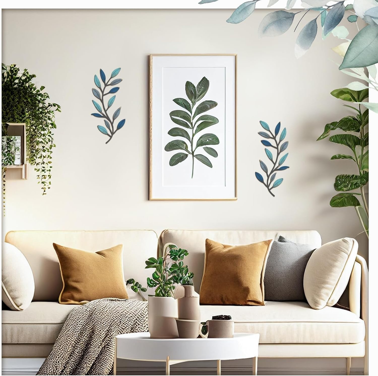 Stylish Vintage Blue Olive Branch Wall Art Set – 2 Durable Metal Pieces