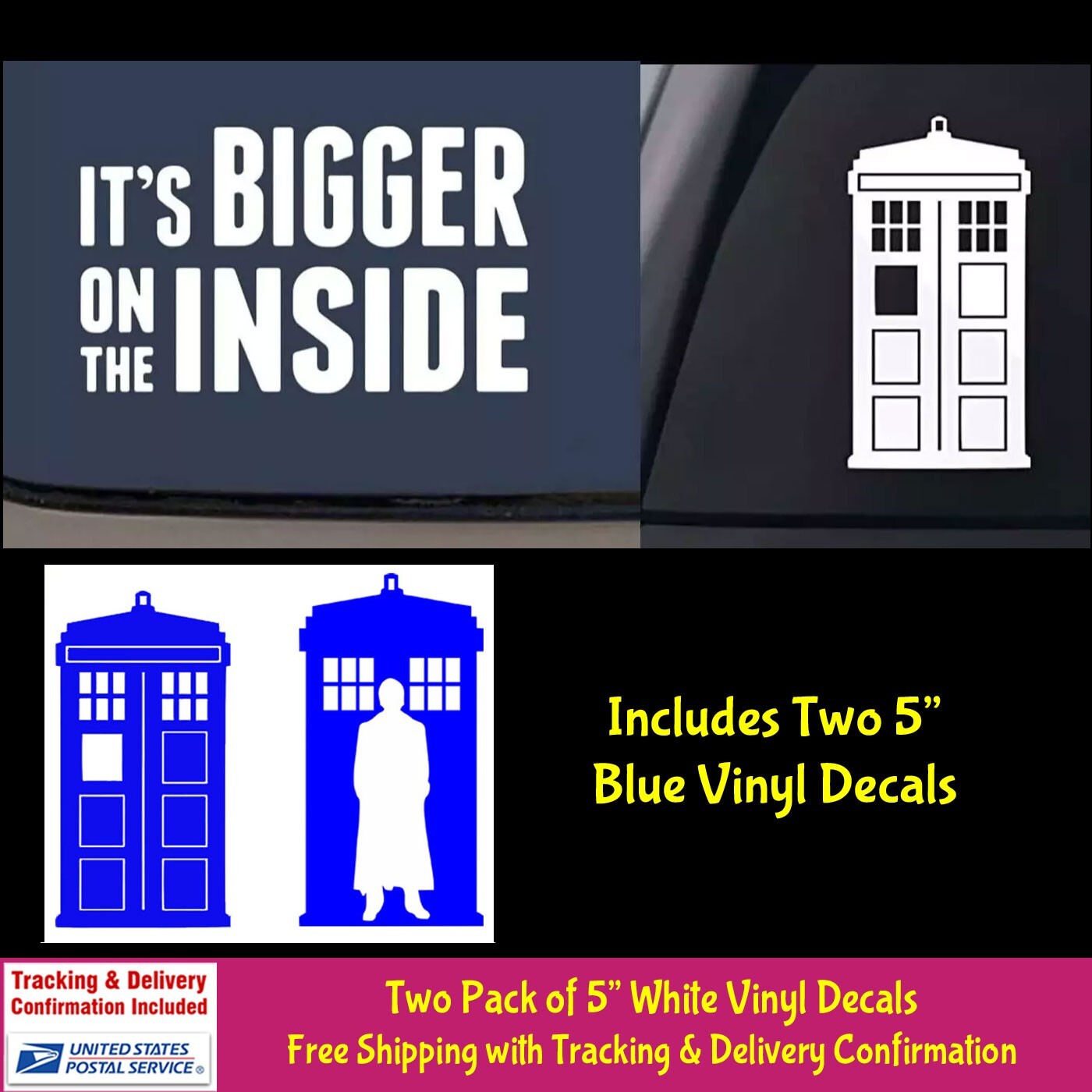 Dr Who Tardis & Bigger on the Inside Two 5" White Vinyl Decal Car Windows Tablet