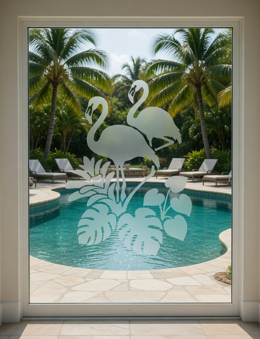 Flamingo Tropical Etched Glass Look Decal Shower Door Windows 22" wide x 30"