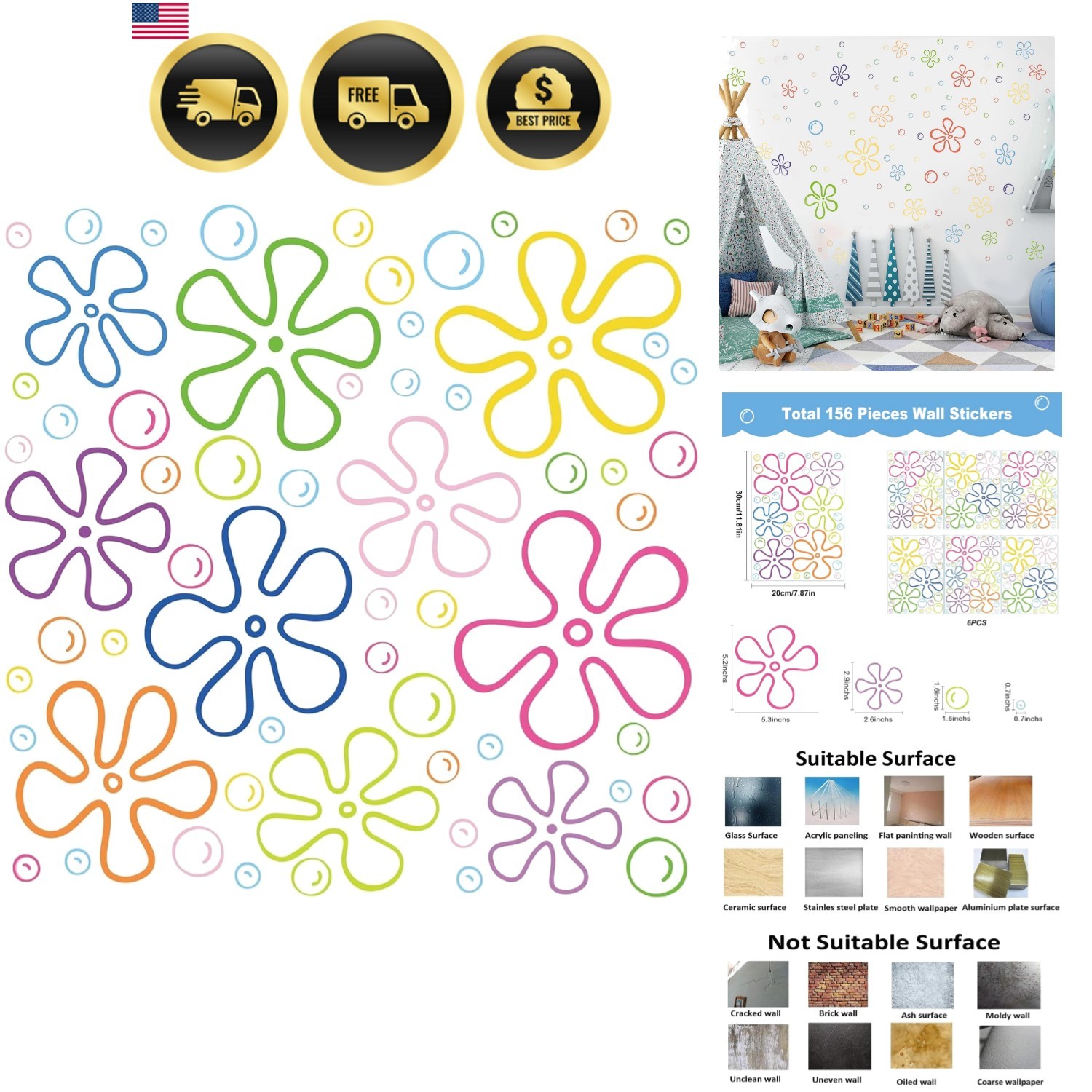 156PCS Under The Sea Wall Decals – Colorful Bubble & Flower Stickers for Kids…
