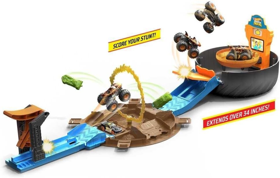 Toy Monster Trucks Playset, Tire-Shaped Case Transforms into Race Course, 3 T…